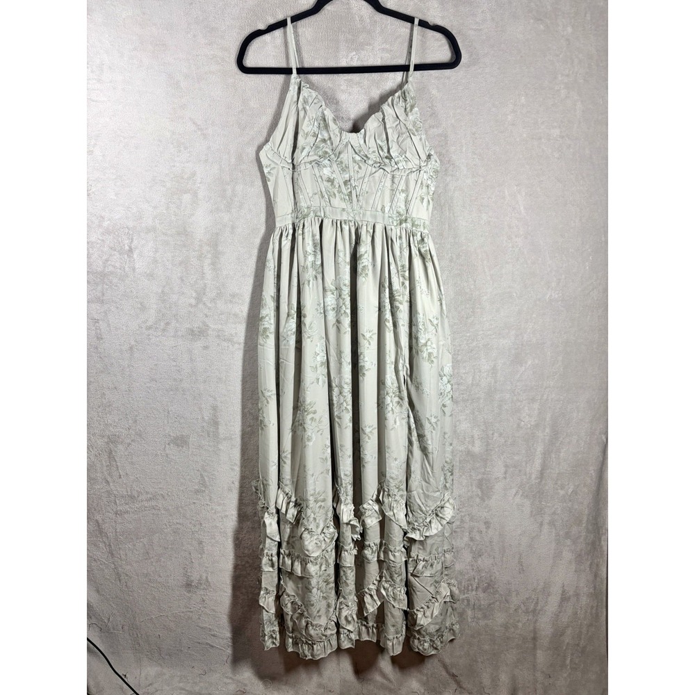 Fairycore Corset Bodice Tiered Ruffle Maxi Dress Size L Floral Romantic Cottage